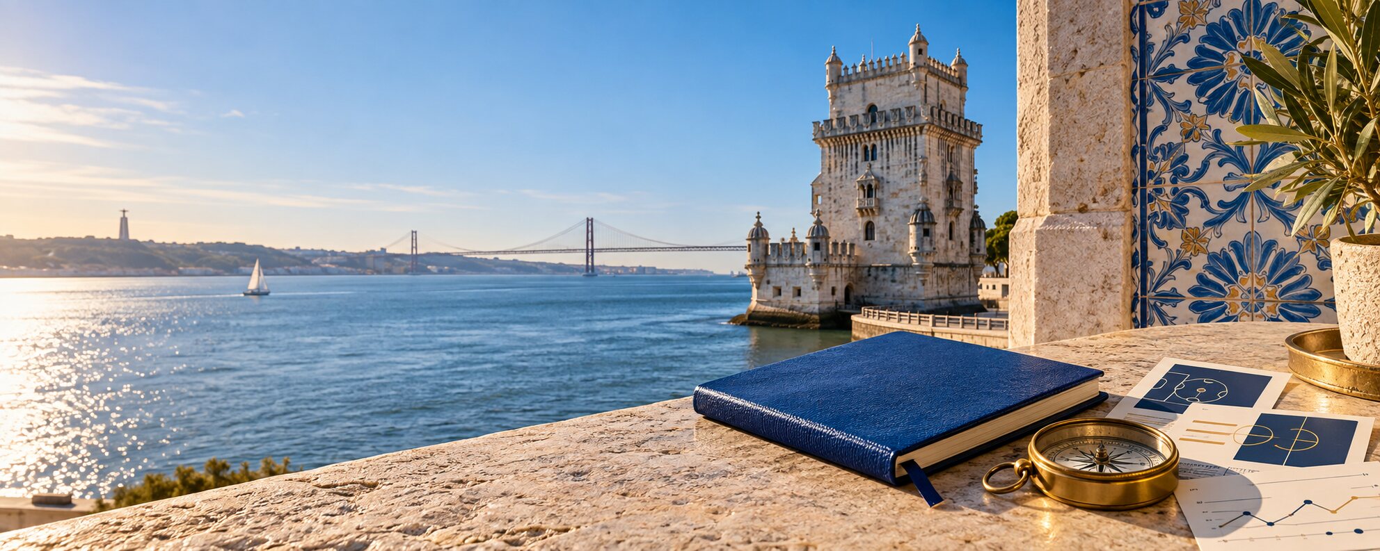 Belém com caderno azul e instrumentos de análise